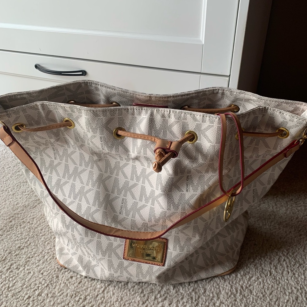 Michael Kors Beige Monogram Drawstring Tote with Brown Trim